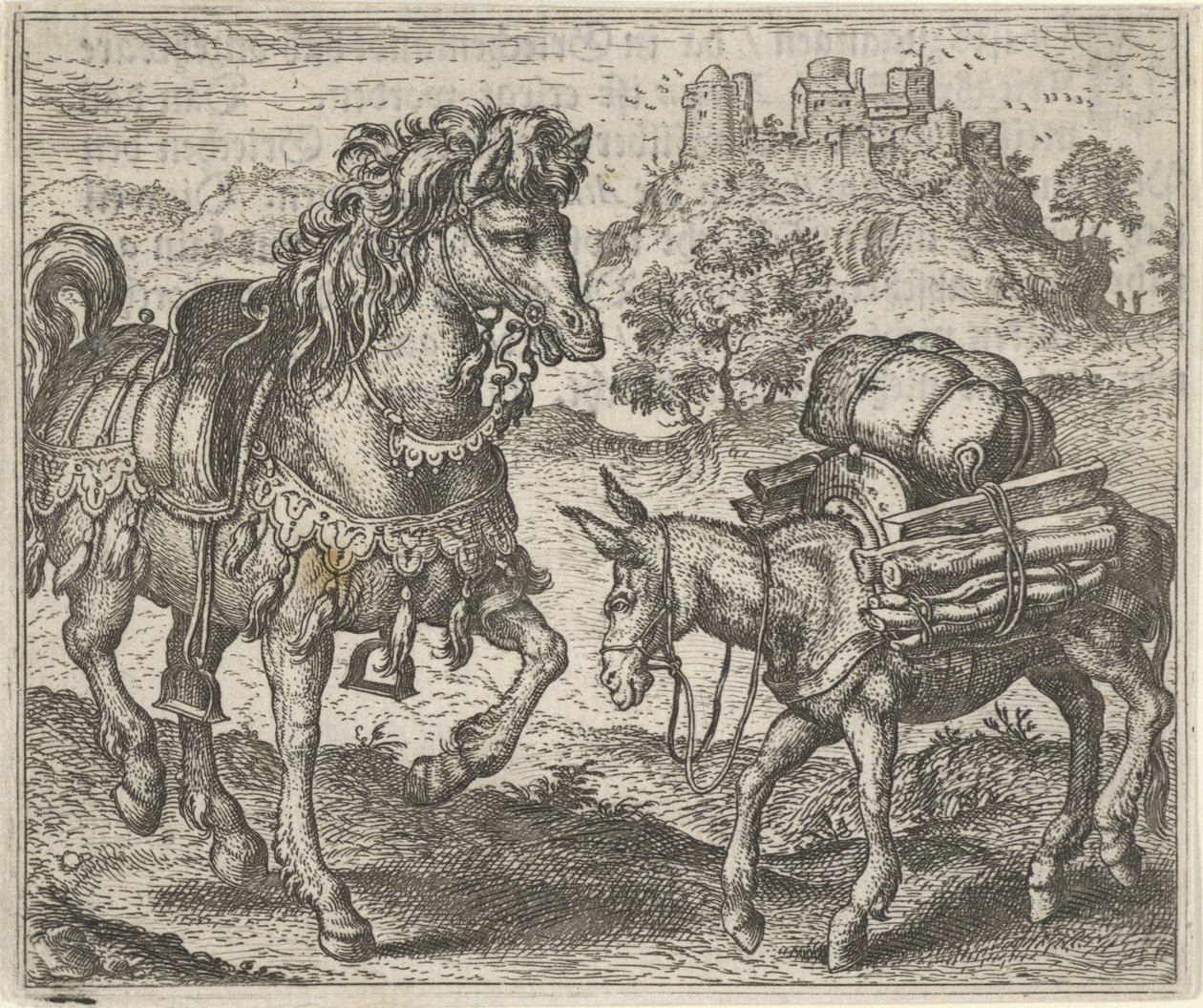 Fabel om det misfornøyde eselet og krigshest av Egidius  Sadeler (II)