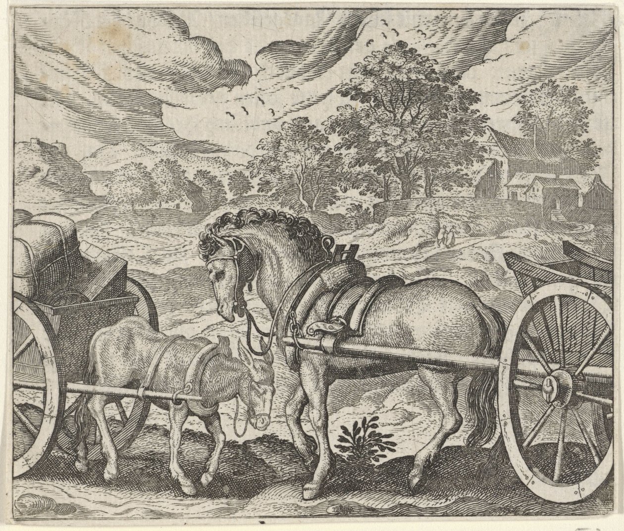 Fabel om den misfornøyde hesten og eselet av Egidius  Sadeler (II)