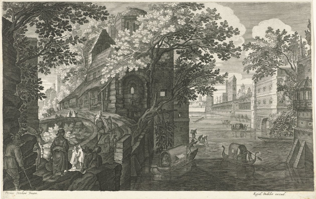 Gondoler på en kanal Åtte landskap i Böhmen (serietittel) av Egidius  Sadeler (II)