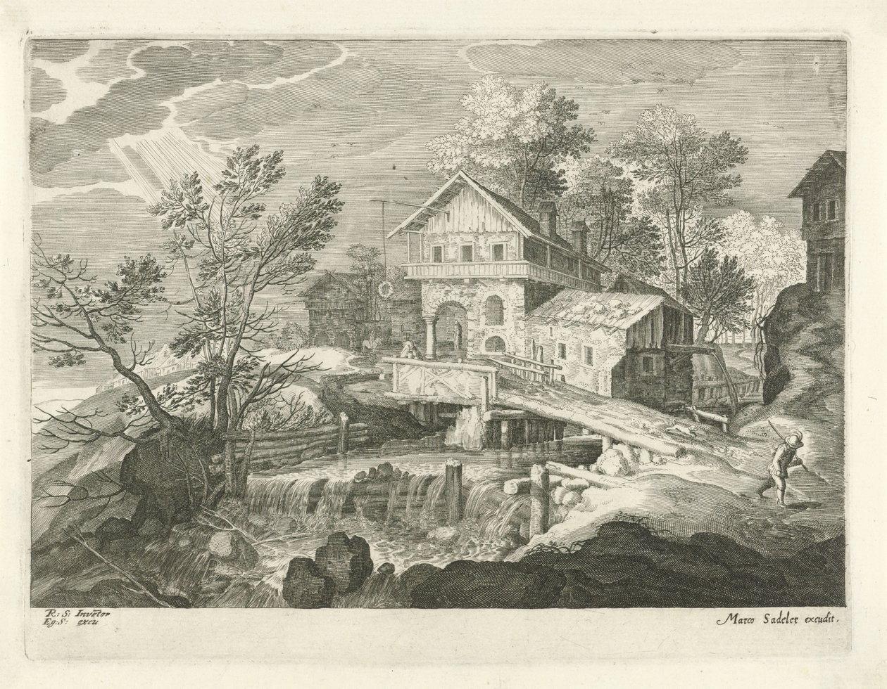 Inn og noen hus ved en bro Landskap fra Tyrol (serietittel) av Egidius  Sadeler (II)