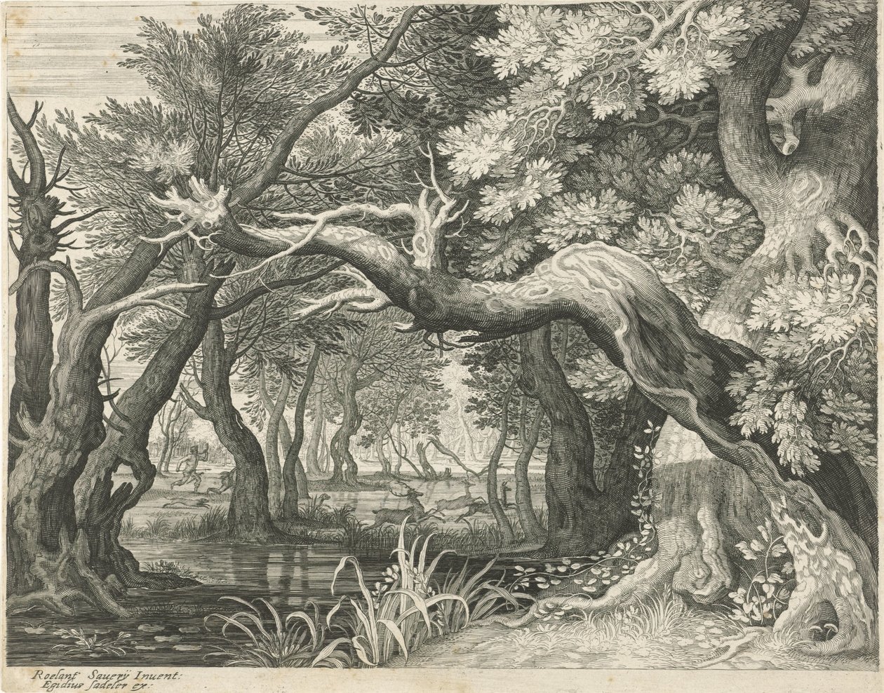 Hjortejakt ved et skogsvann Seks landskap (serietittel) av Egidius  Sadeler (II)