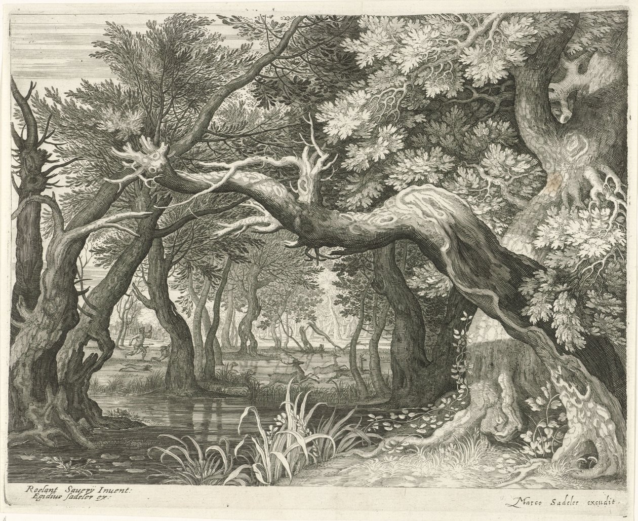 Hjortejakt ved et skogsvann Seks landskap (serietittel) av Egidius  Sadeler (II)