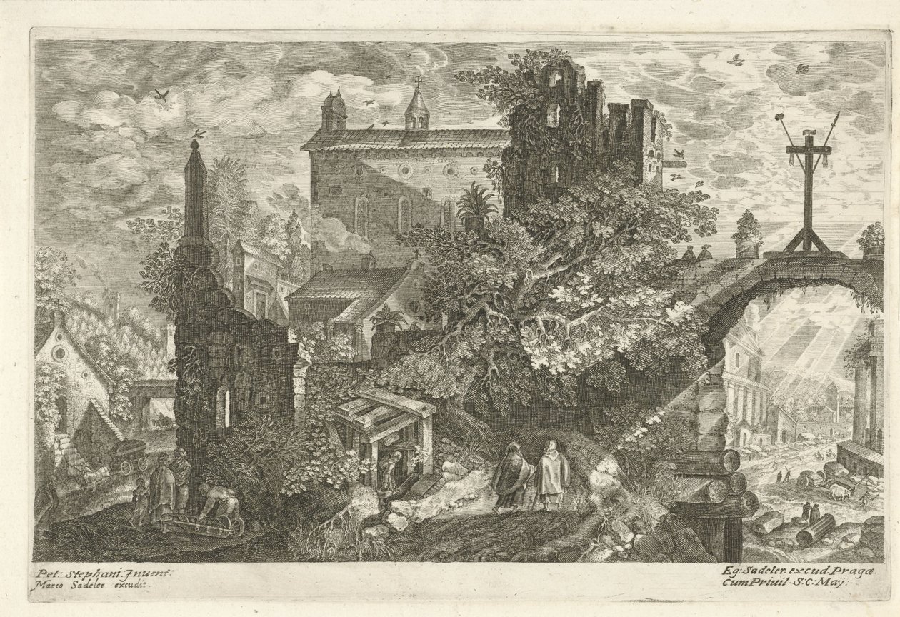 Trekors ved den gamle byporten Åtte landskap fra Böhmen (serietittel) av Egidius  Sadeler (II)