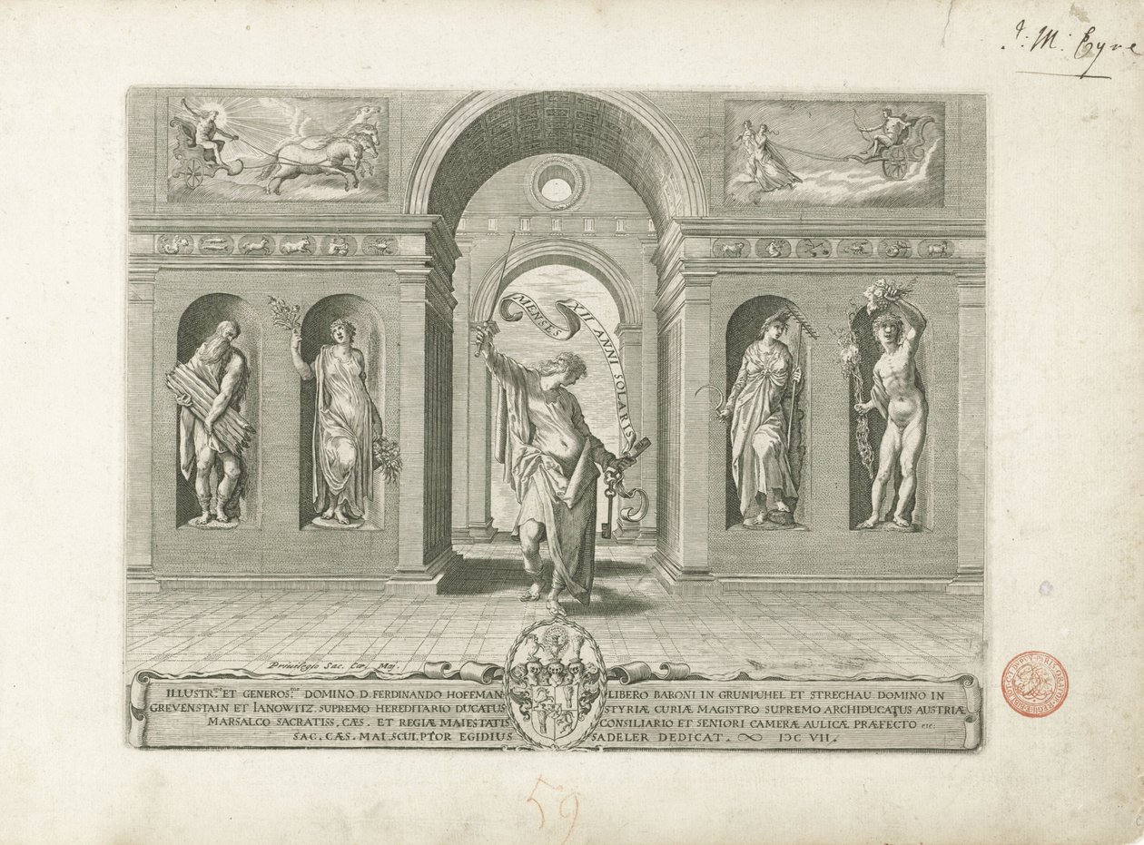 Janus og de fire årstidene Tittelbilde på en serie om de tolv månedene De tolv månedene (serietittel) av Egidius  Sadeler (II)