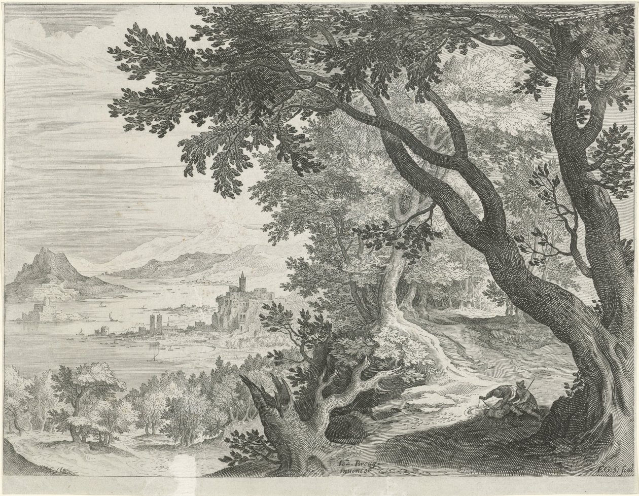 Landskap med to figurer under et tre av Egidius  Sadeler (II)
