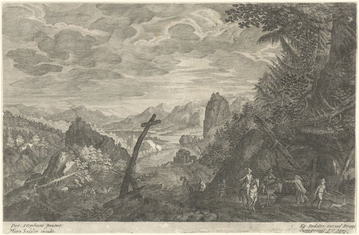 Landevei ved siden av en elv Åtte landskap fra Böhmen (serietittel) av Egidius  Sadeler (II)