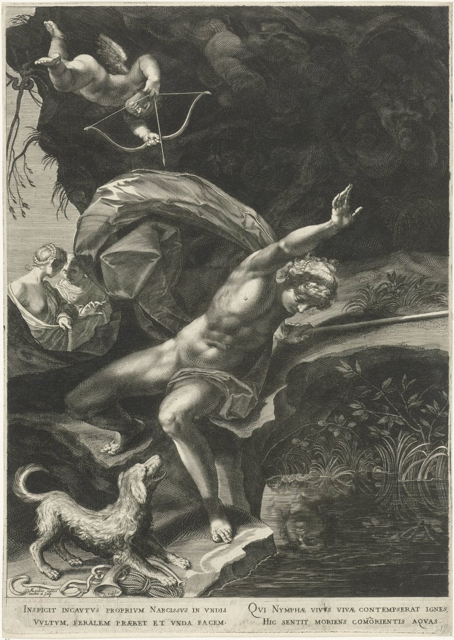 Narcissus ved brønnen Herkules og Cerberus av Egidius  Sadeler (II)