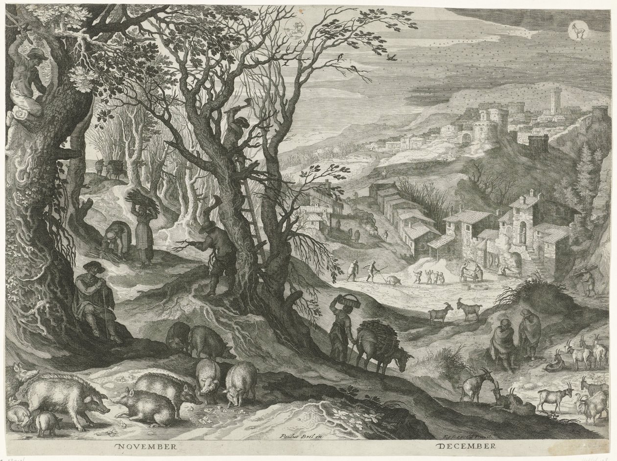 november og desember De tolv månedene i seks italienske landskap (serietittel) av Egidius  Sadeler (II)