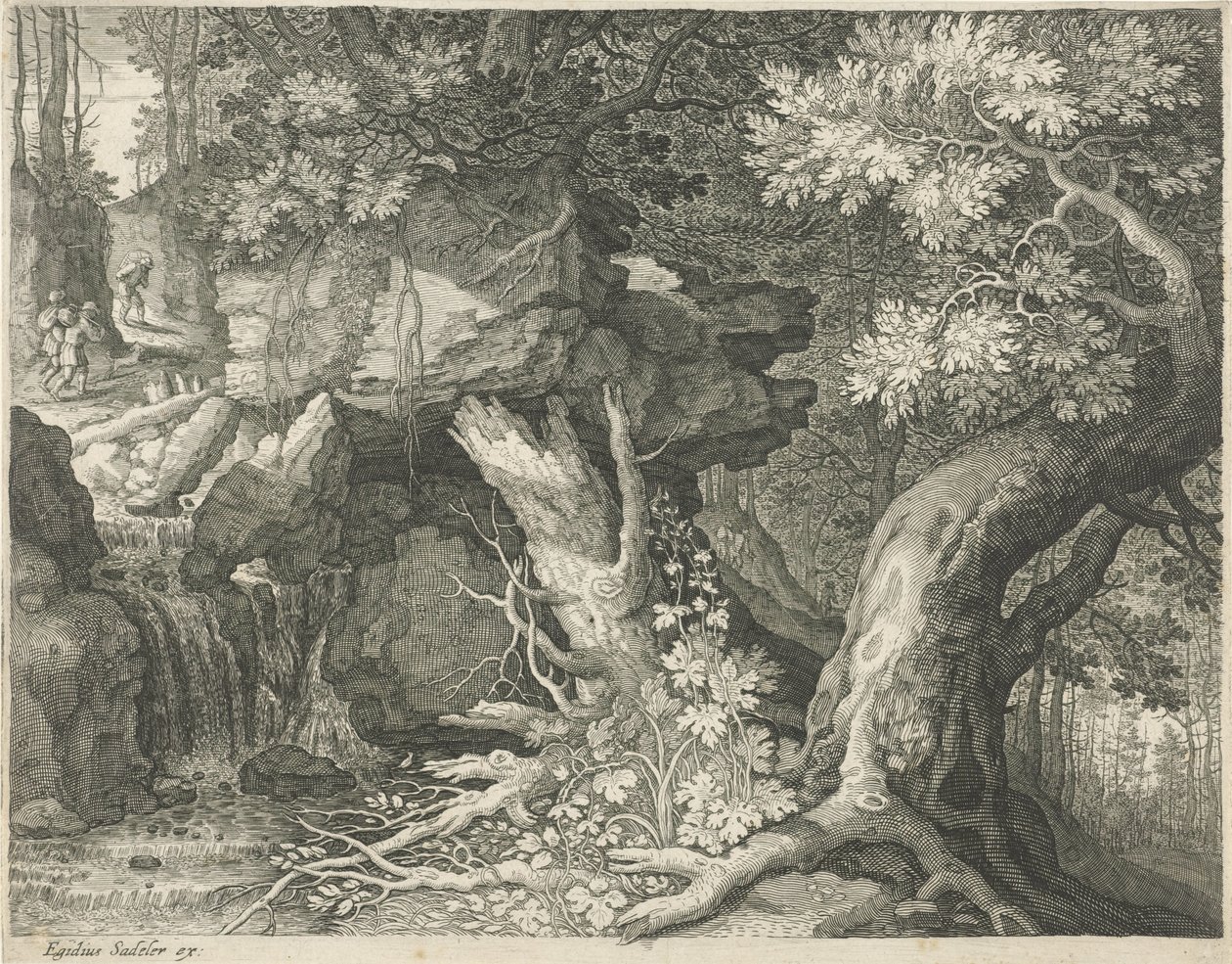 Reisende over en foss Seks landskap (serietittel) av Egidius  Sadeler (II)