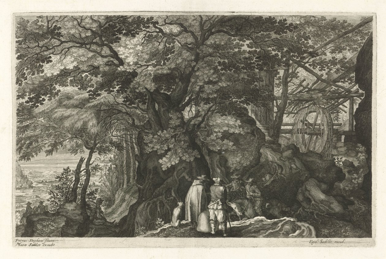 Elv med steiner og en vannmølle Åtte landskap i Böhmen (serietittel) av Egidius  Sadeler (II)