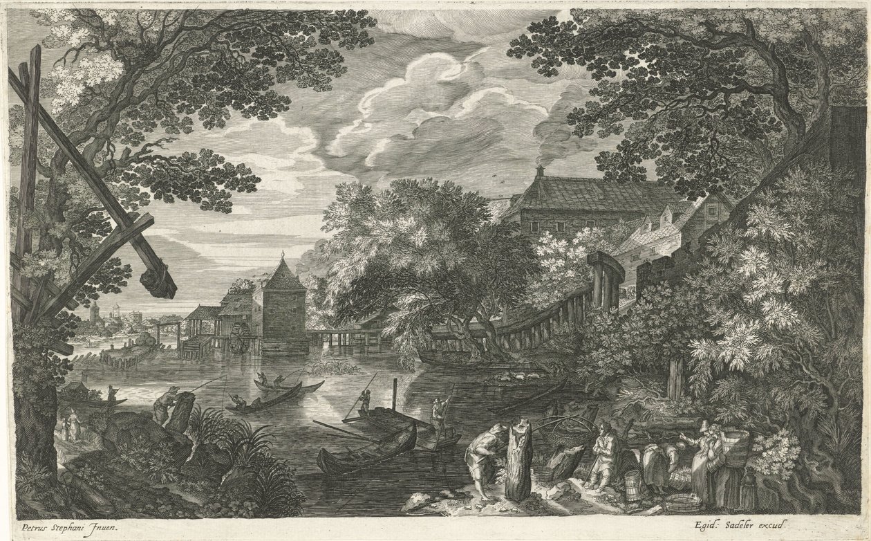 Elvelandskap med fiskere og arbeidere Åtte landskap i Böhmen (serietittel) av Egidius  Sadeler (II)