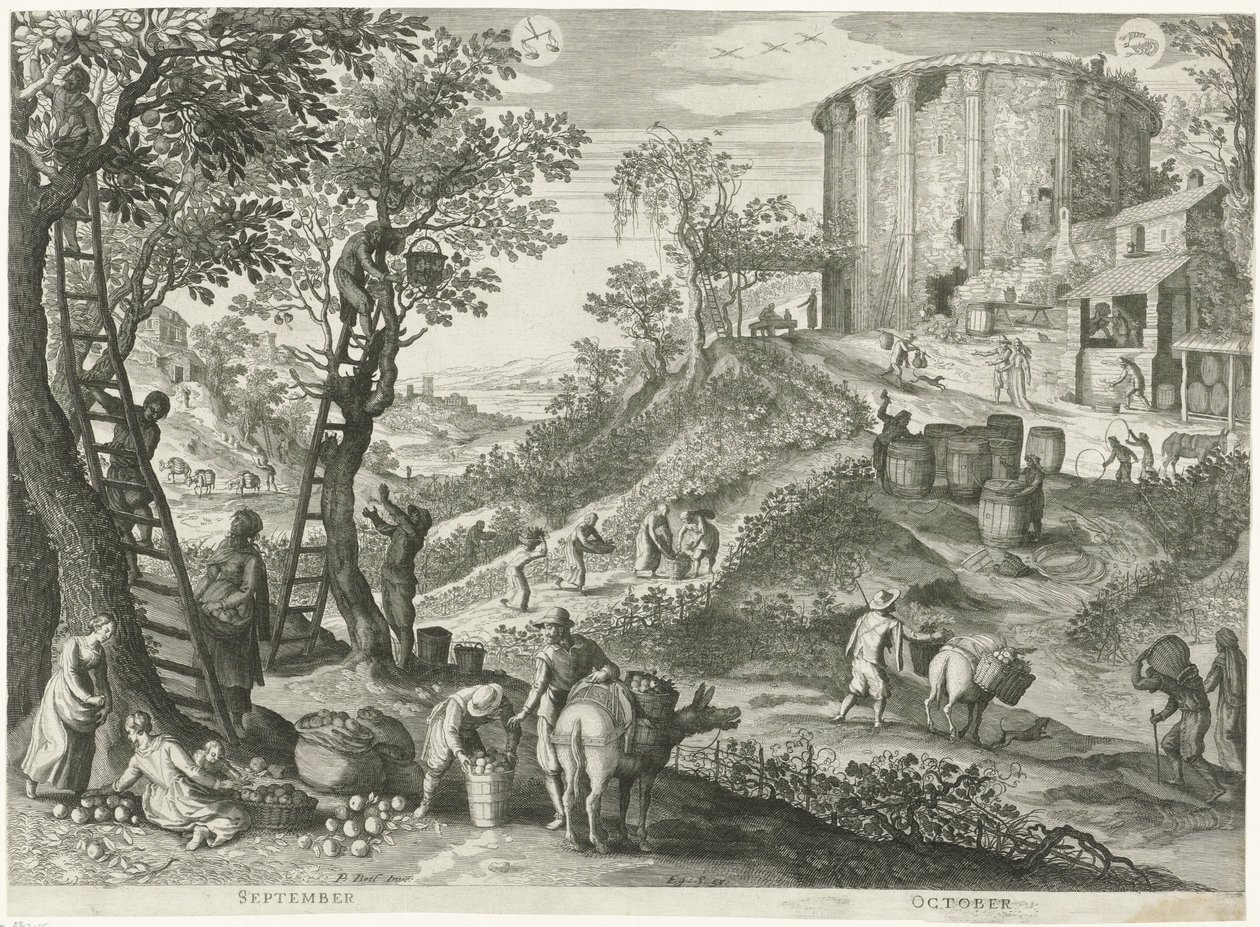 september og oktober De tolv månedene i seks italienske landskap (serietittel) av Egidius  Sadeler (II)