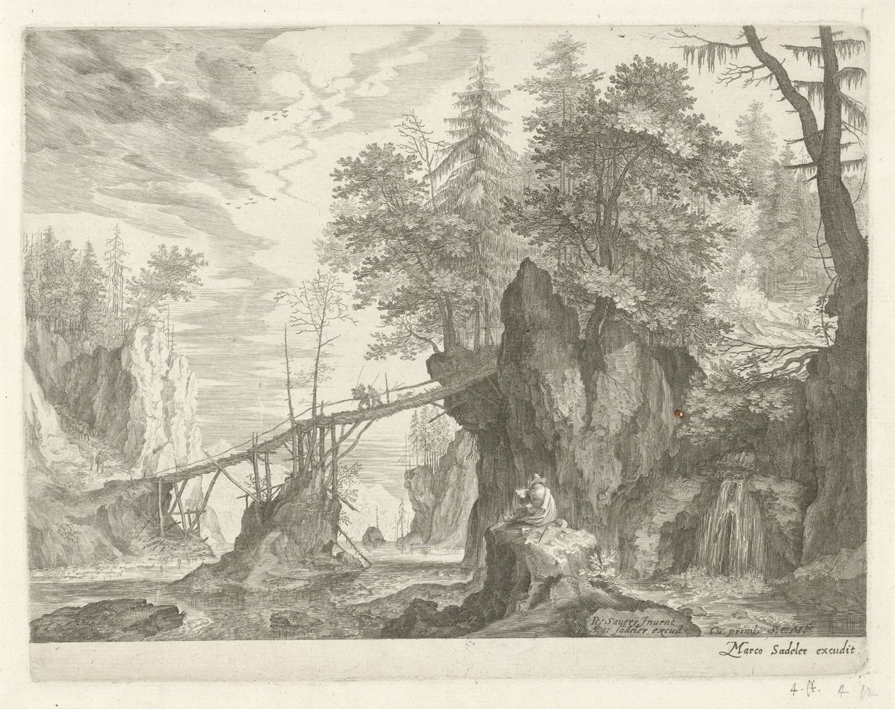 Tegner sitter på en stein foran en bro Fjelllandskap fra Tyrol (serietittel) av Egidius  Sadeler (II)