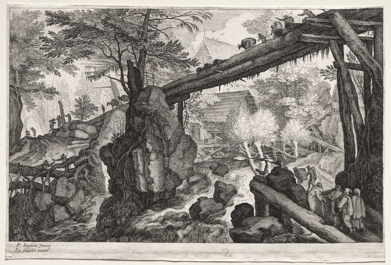 Åtte bohemske landskap: Landskap med tømmerbro over grå stær, ca. 1610-1615. av Aegidius Sadeler or Saedeler