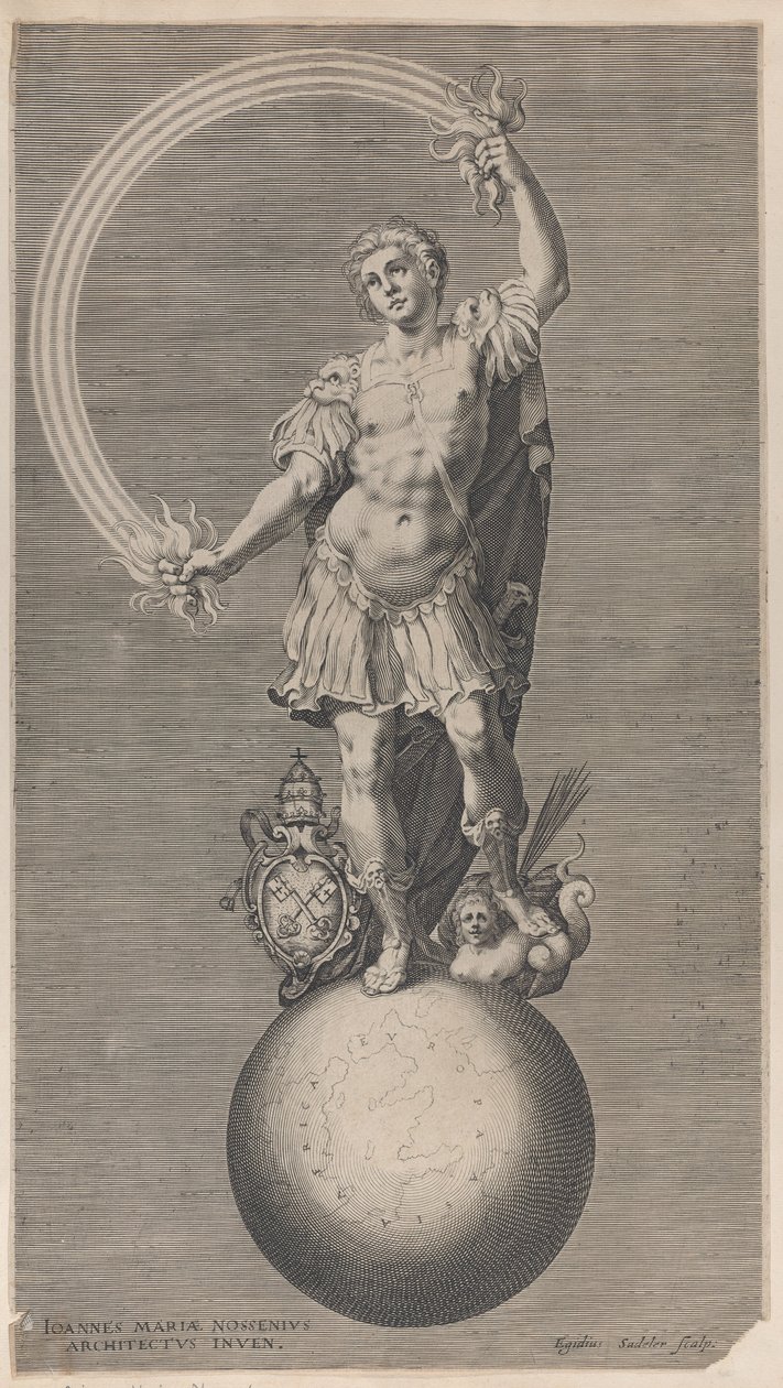 Allegorisk figur av en kriger som står på en jordklode med det pavelige våpenskjold a..., ca. 1588-1629. av Aegidius Sadeler II