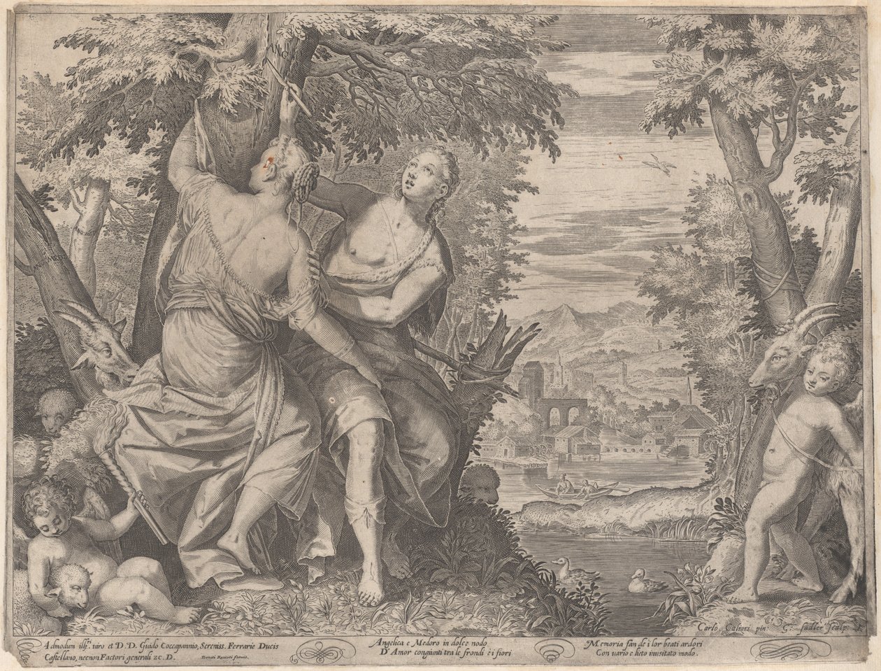 Angelica og Medoro, de står ved siden av en bekk mens Medoro skjærer ut navnene deres i en tr..., 1590-98. av Aegidius Sadeler II