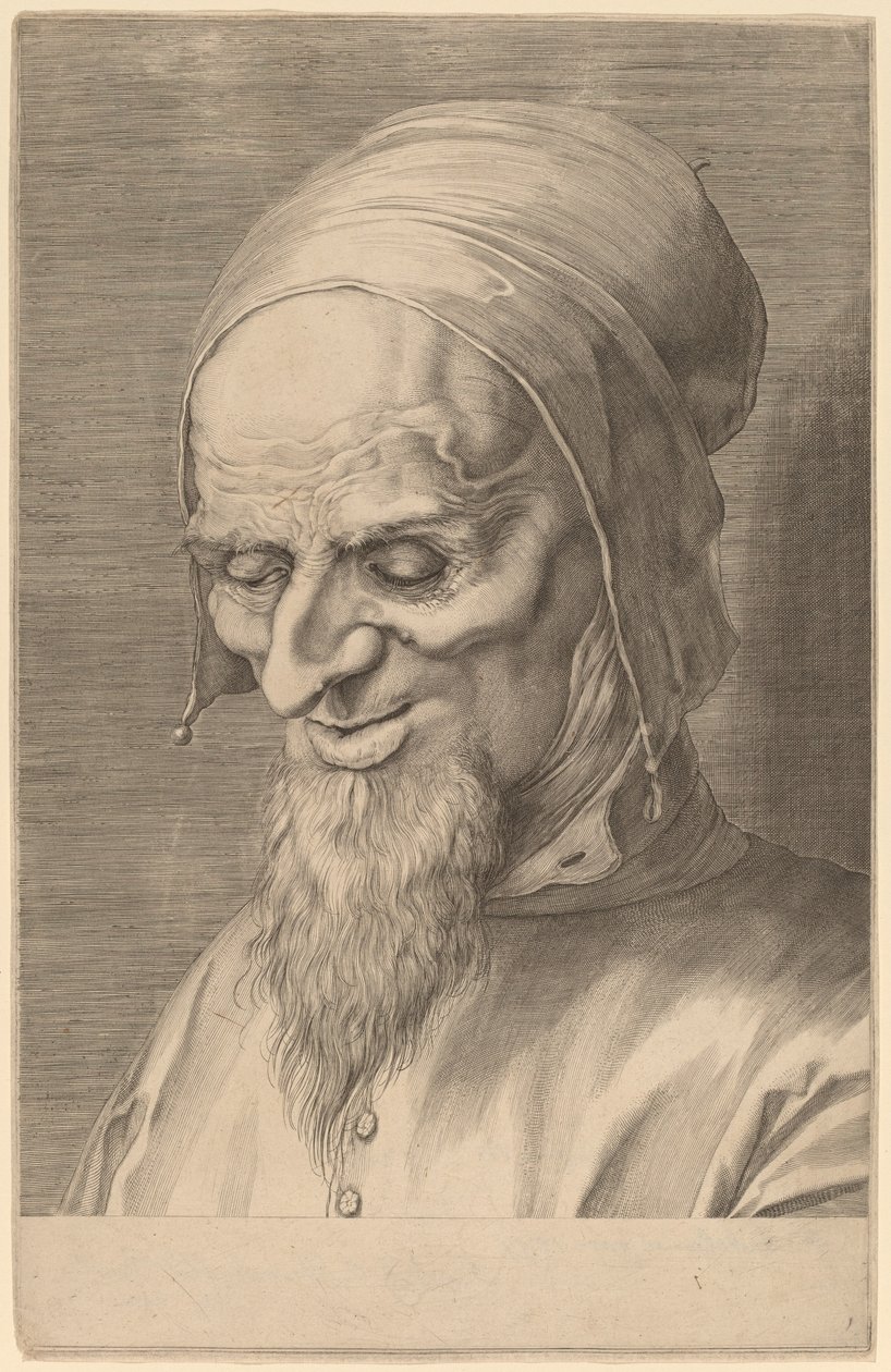 Hode for en apostel med skjegg og lue av Aegidius Sadeler II