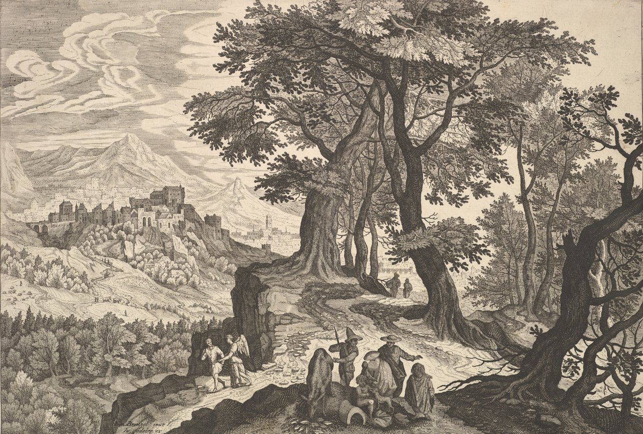 Landskap med Tobias og engelen og sigøynere. av Aegidius Sadeler II