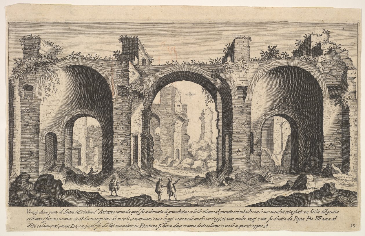 Plate 19: utsikt over Caracalla-badene, som indikerer med påskrevet bokstav A stedene ..., 1606. av Aegidius Sadeler II