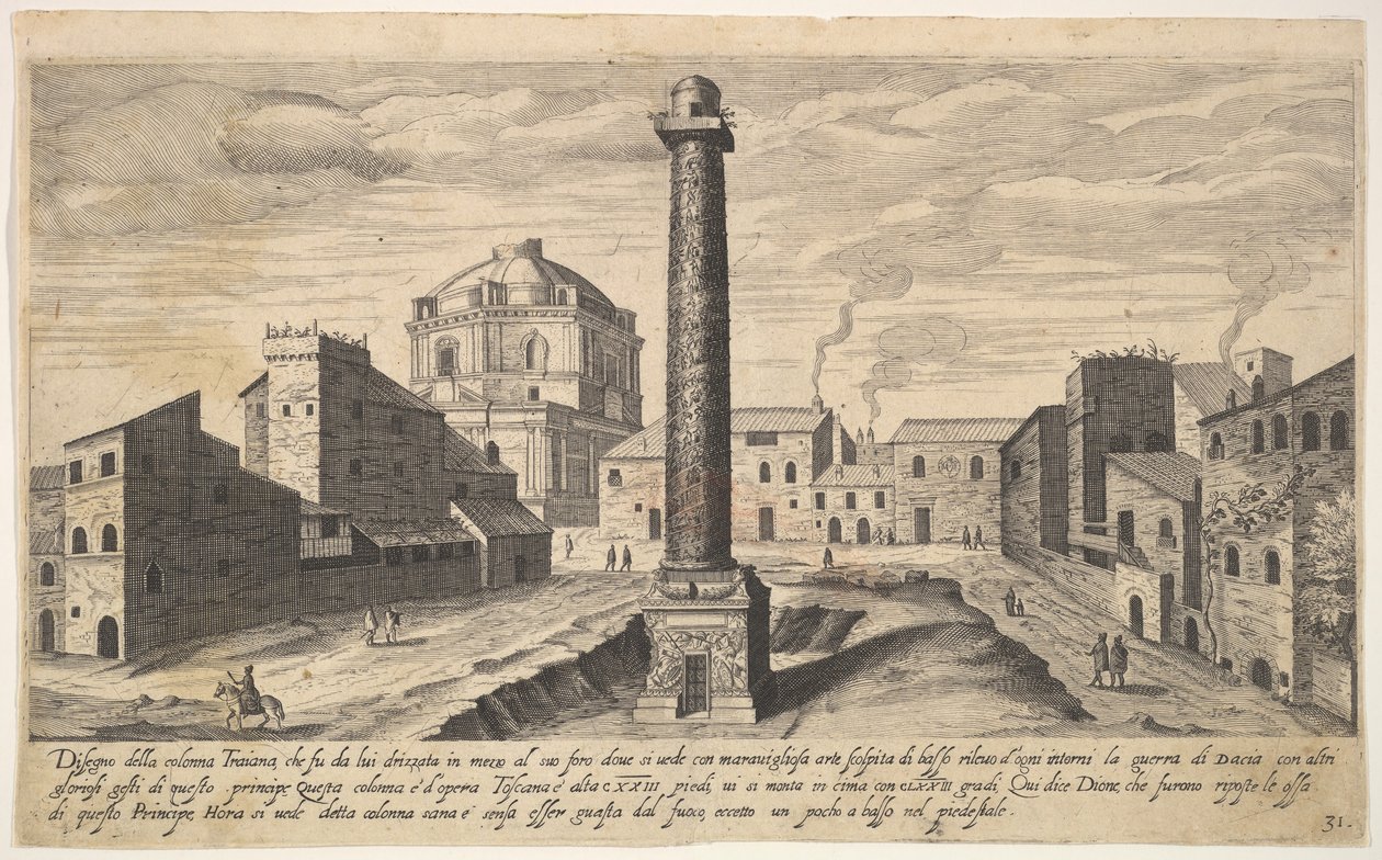 Plate 31: utsikt over søylen til Trajan, vist med sokkelen gravd ut fra jorden, su..., 1606. av Aegidius Sadeler II