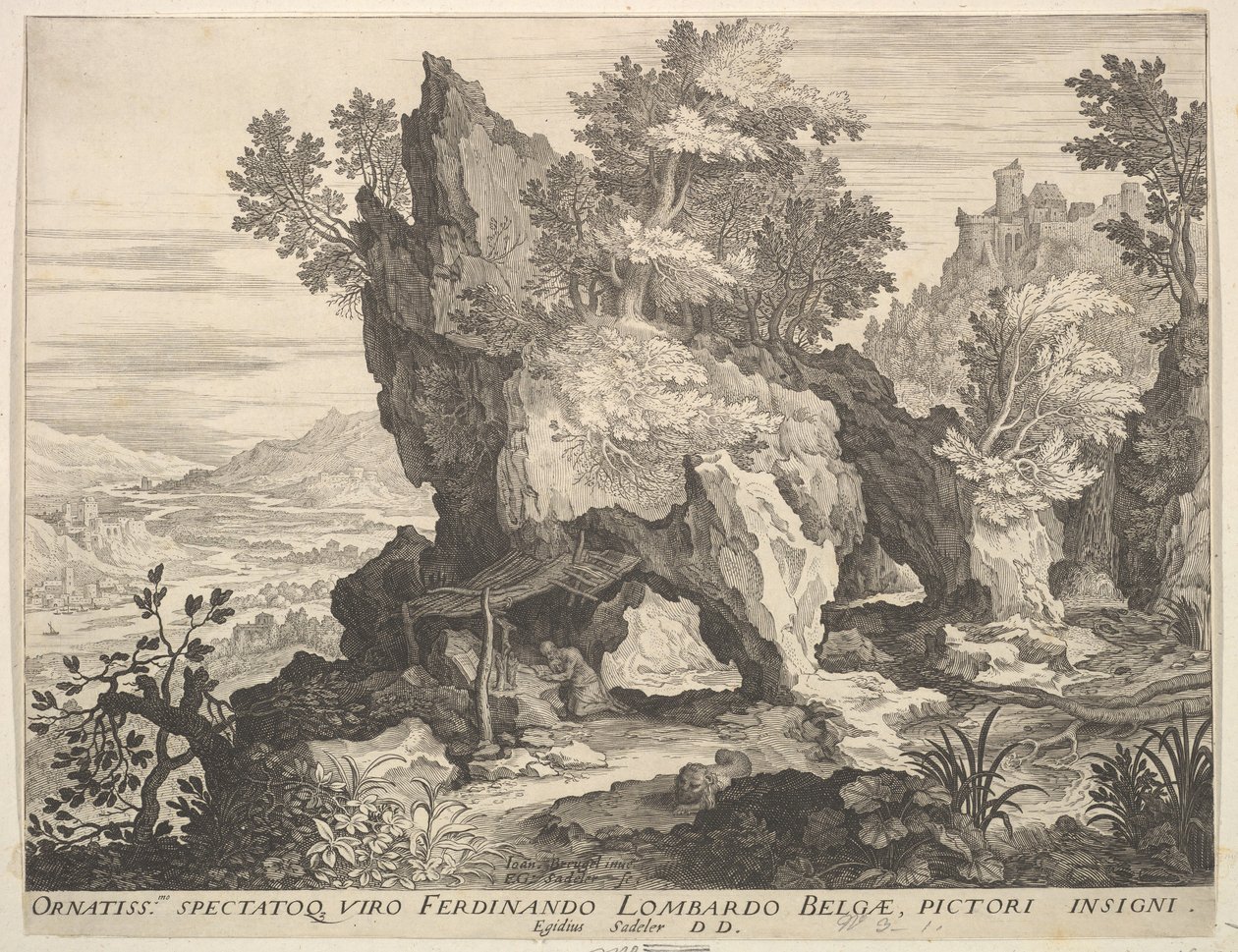 Steinete landskap med St. Jerome. av Aegidius Sadeler II