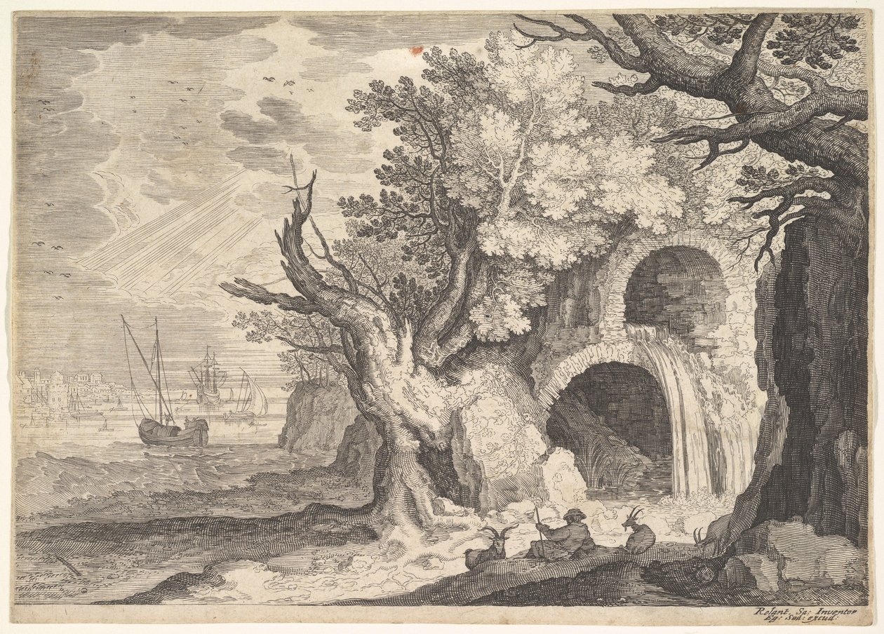 Ødelagt akvedukt med vann som renner fra den til en bekk nedenfor, skip til sjøs bortenfor, en ..., ca. 1600. av Aegidius Sadeler II