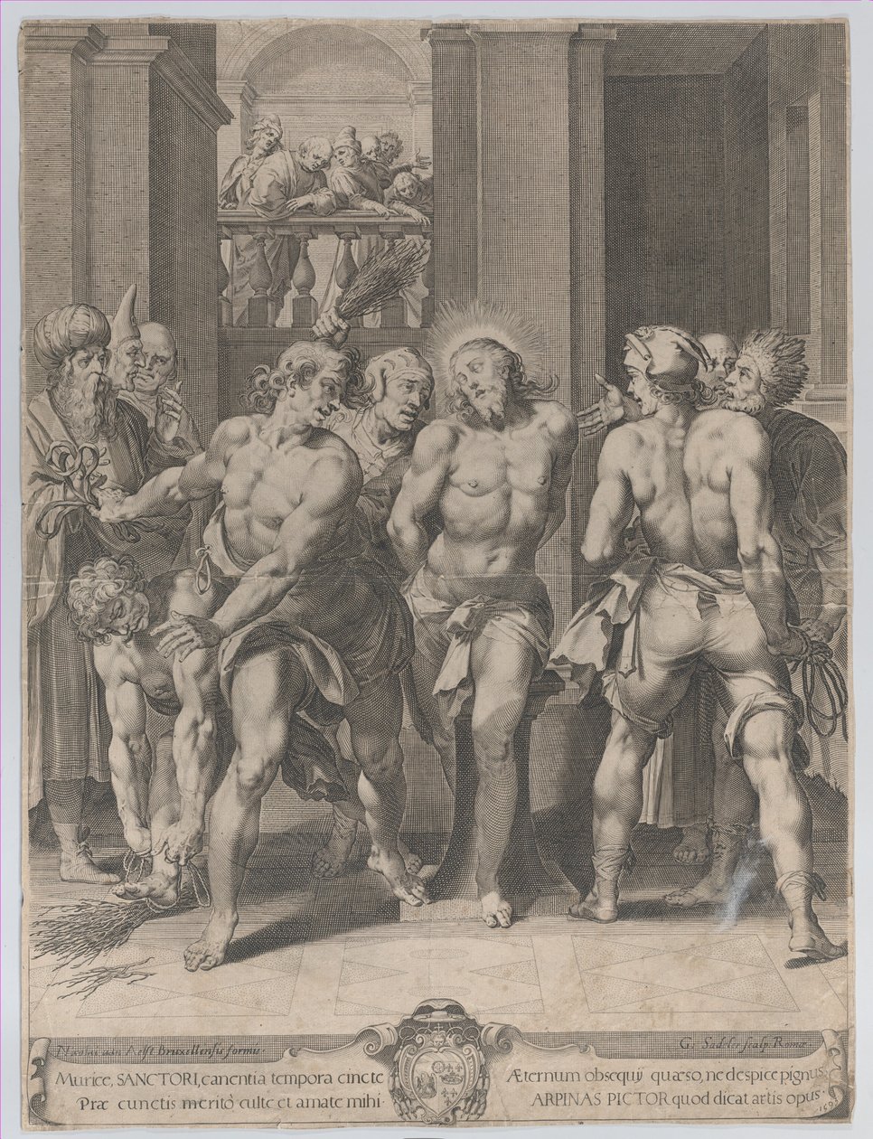 The Flagelation of Christ, med floggers på hver side og skikkelser som ser på fra en balkong..., 1593. av Aegidius Sadeler II