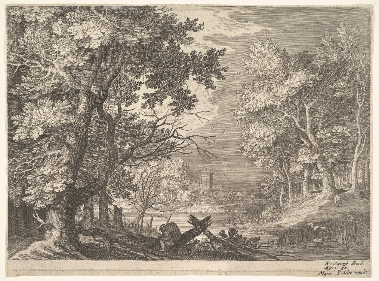 Skogsscene med myrlendte bredder, to menn og en hund i profil til venstre, to-langhalset..., ca. 1600. av Aegidius Sadeler II