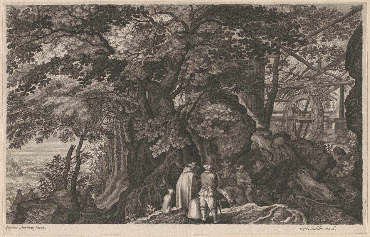 Gamle trær ved en fjellvannmølle av Aegidius Sadeler II after Pieter Stevens
