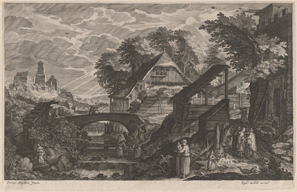 Gårdshus ved en elv med en by utenfor av Aegidius Sadeler II after Pieter Stevens
