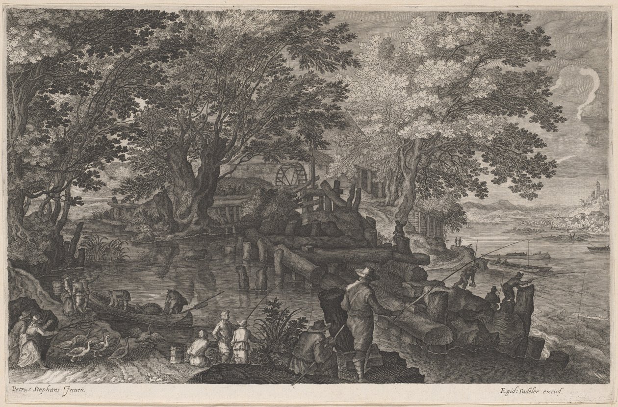 Fiskere ved en vannmølle på øya av Aegidius Sadeler II after Pieter Stevens