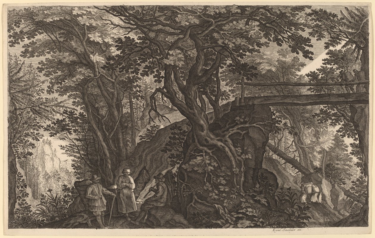 Skoglandskap med to menn og en kvinne som hviler nær en bro av Aegidius Sadeler II after Pieter Stevens