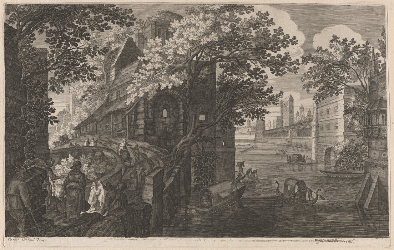 Gondoler på en elv ved et palass av Aegidius Sadeler II after Pieter Stevens