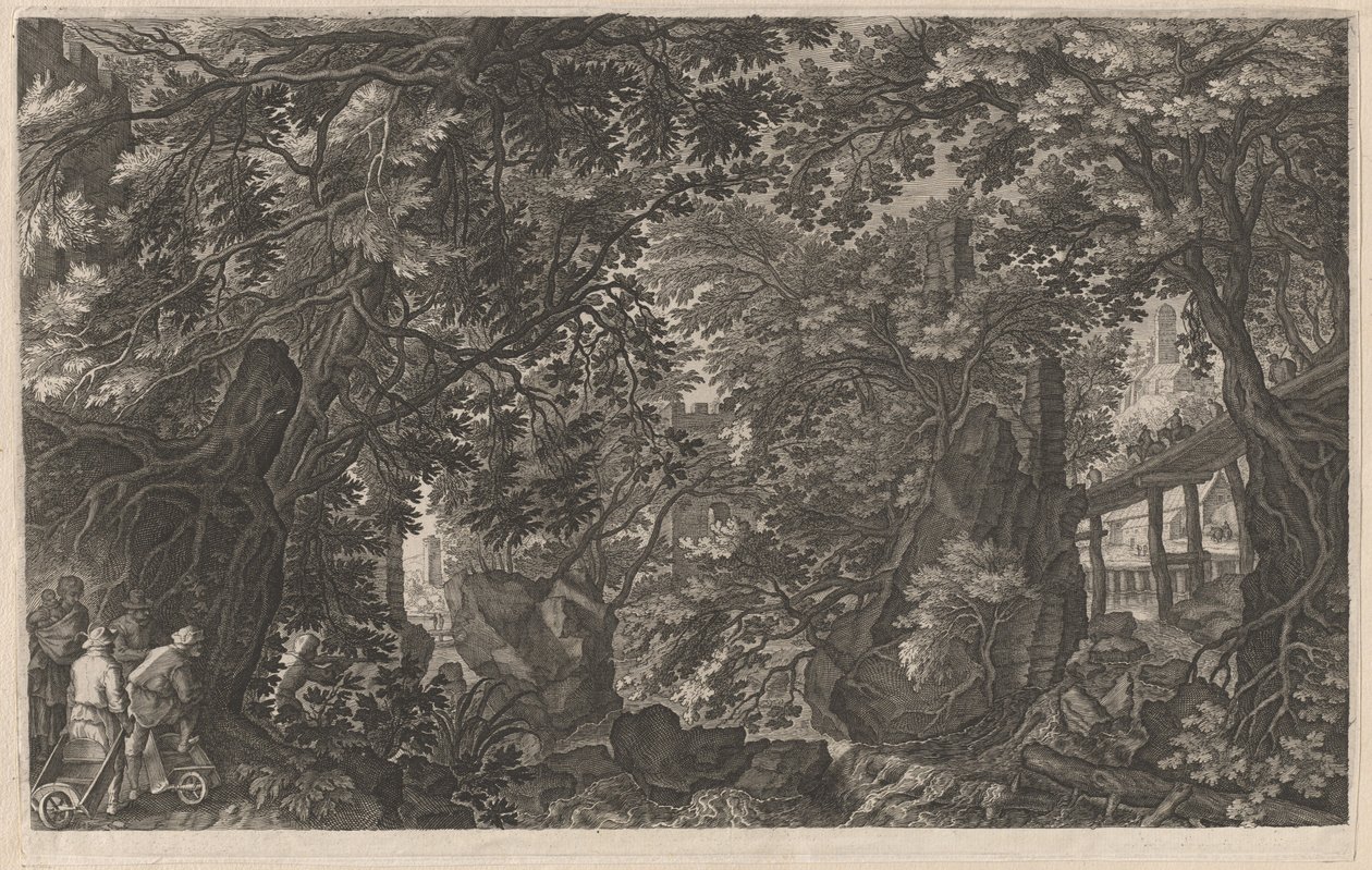 Jegere i en skog nær en trebro av Aegidius Sadeler II after Pieter Stevens