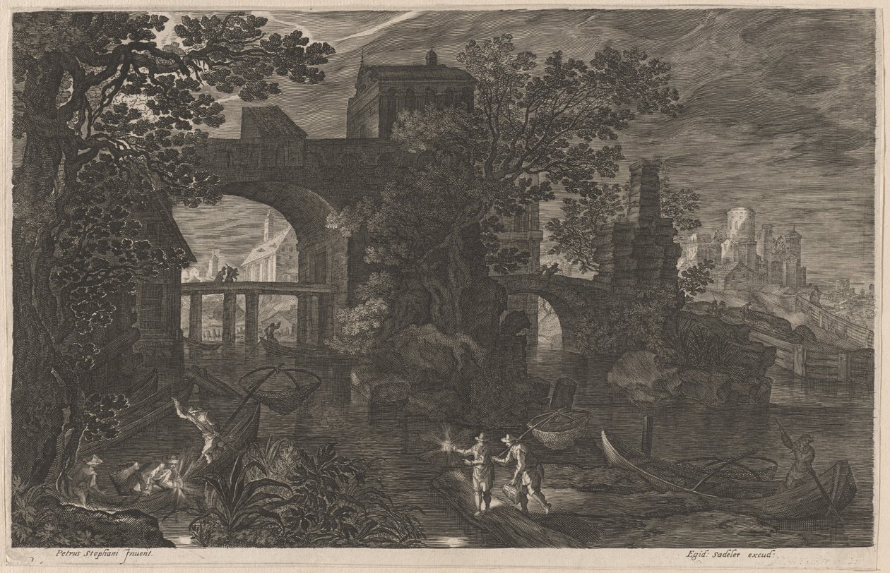 Nattfiske nær befestede broer av Aegidius Sadeler II after Pieter Stevens