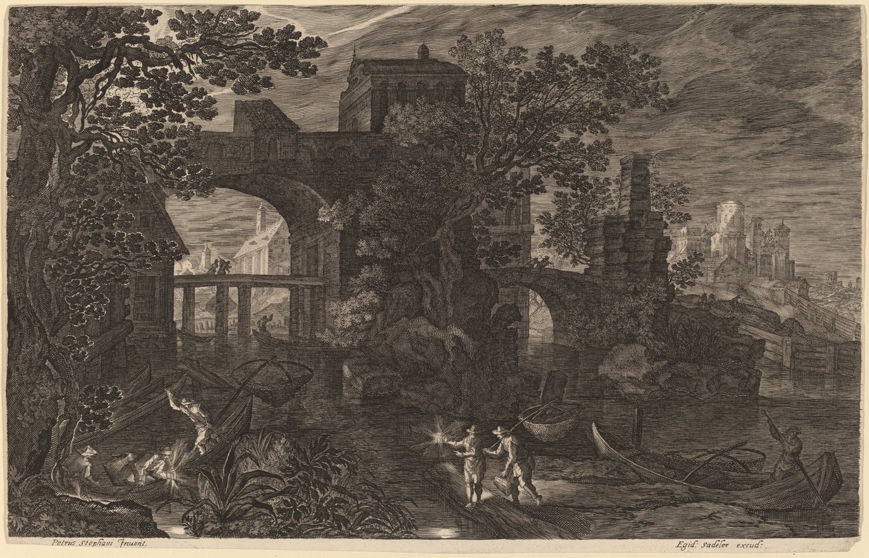 Nattlig landskap med elvefiskere utenfor bymurene av Aegidius Sadeler II after Pieter Stevens