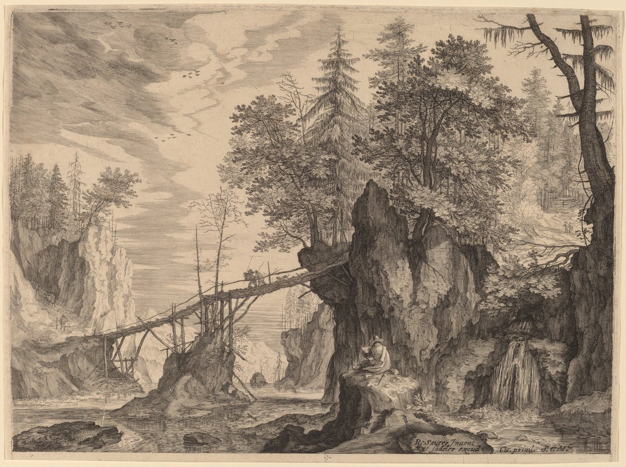 Tegner på en stein foran en bro av Aegidius Sadeler II after Roelandt Savery