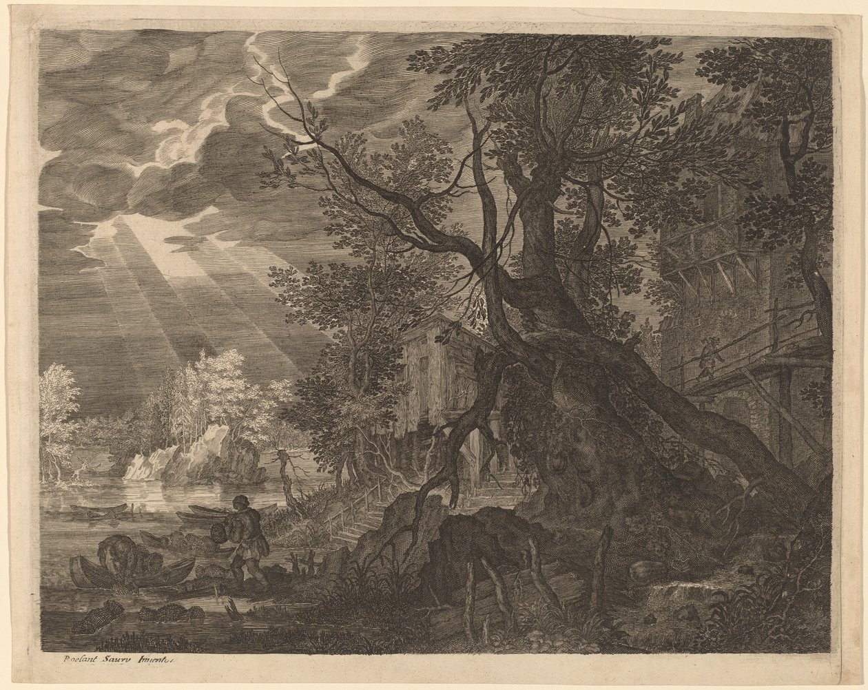 Landskap med menn som fisker ved måneskinn av Aegidius Sadeler II after Roelandt Savery