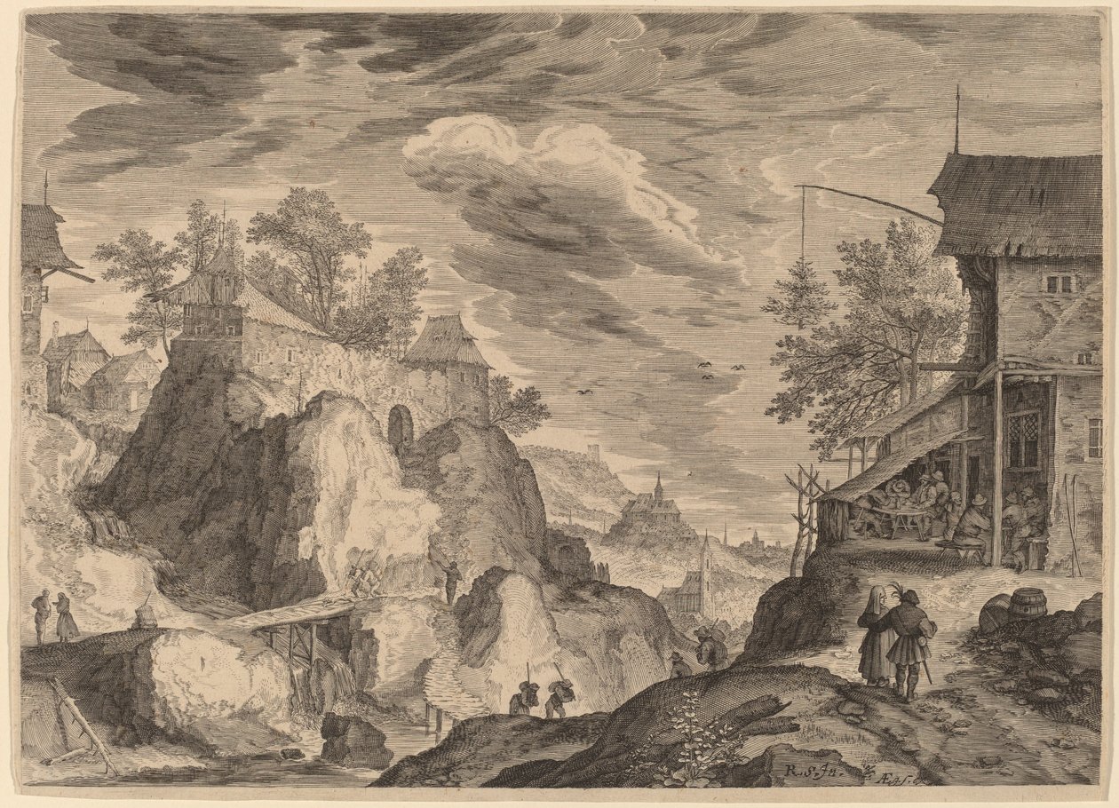 Landskap med et vertshus til høyre og House on Rocks til venstre av Aegidius Sadeler II after Roelandt Savery