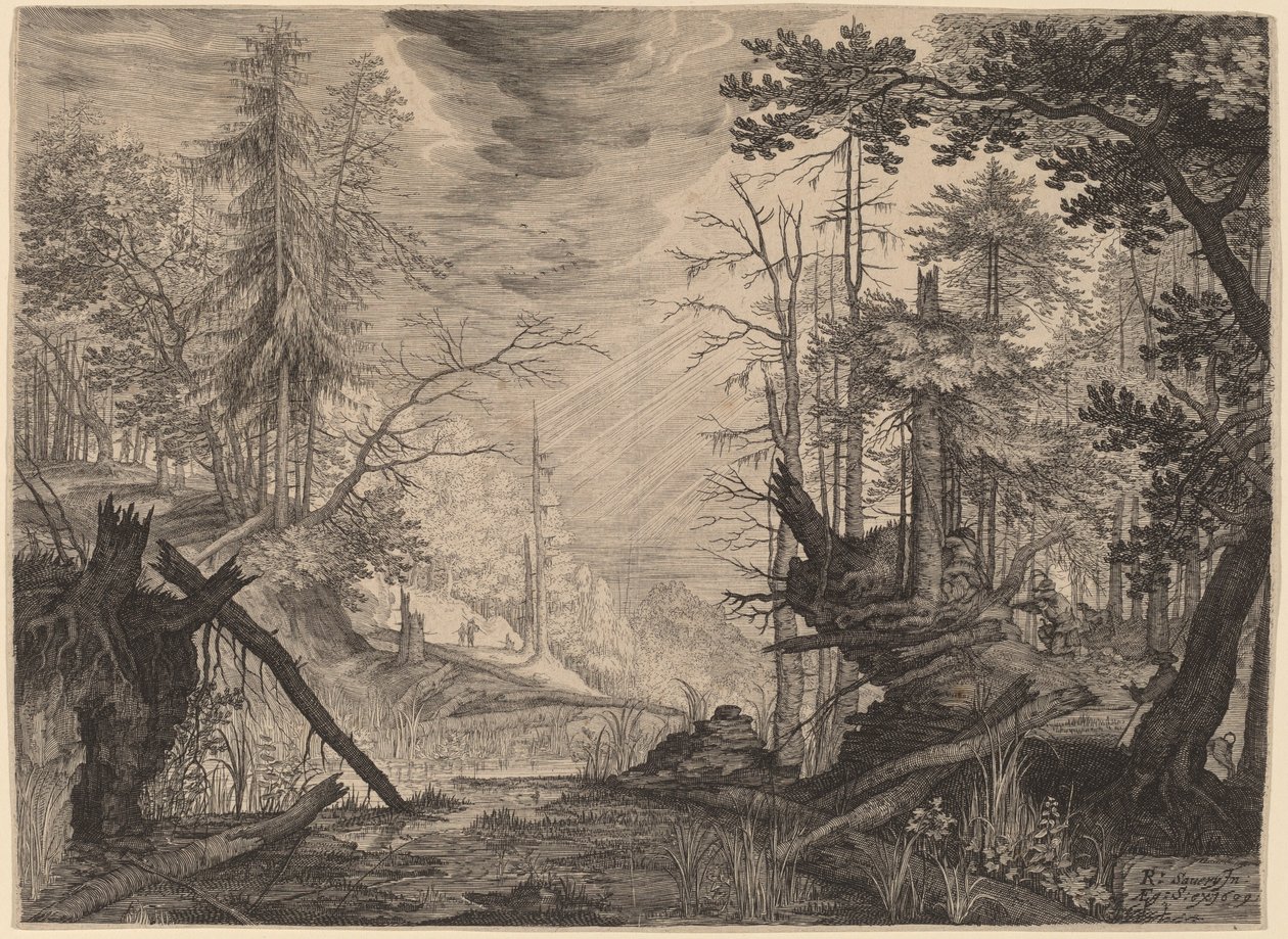Tre jegere og to hunder i nærheten av et basseng av Aegidius Sadeler II after Roelandt Savery