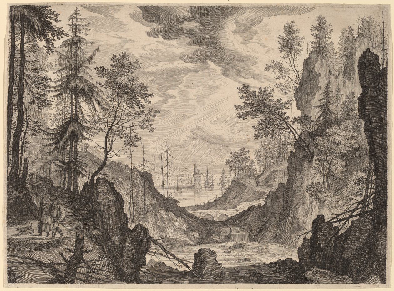 Skogsscene med en foss av Aegidius Sadeler II after Roelandt Savery