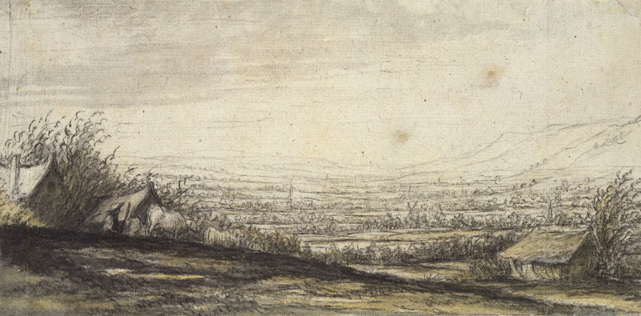 Omfattende landskap med hytte og storfe (svart kritt, grå og gul vask) av Aelbert Cuyp