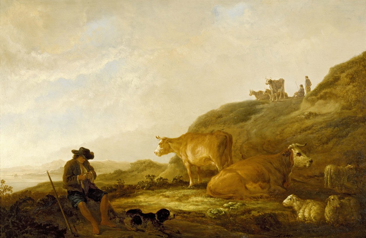 Sittende gjeter med kyr og sauer i en eng, 1644 (olje på eikepanel) av Aelbert Cuyp