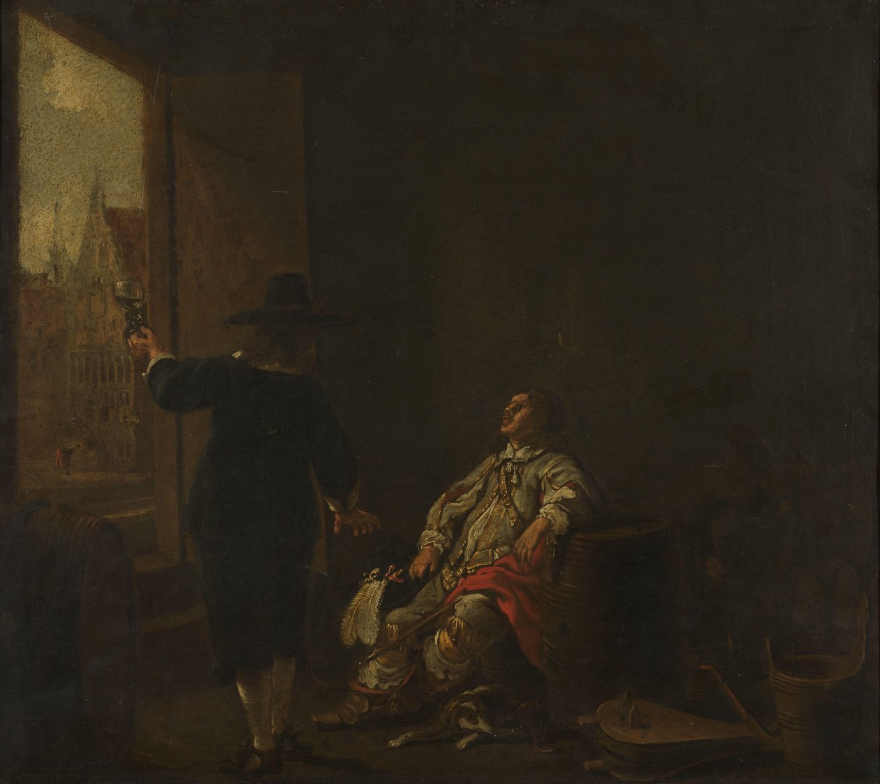 Skilt til en vinbutikk, med Tasting the Wine på den ene siden og Barreling the Wine på den andre av Aelbert Cuyp (circle of)