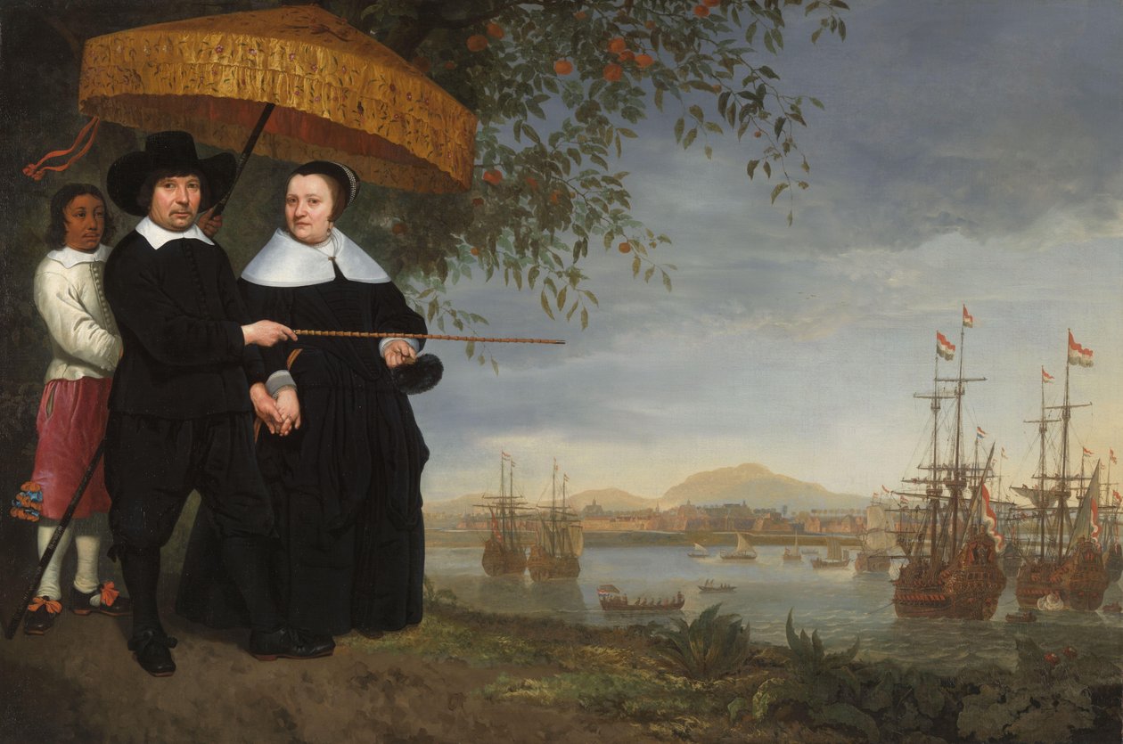 VOC Senior Merchant med sin kone og en slavebundet tjener av Aelbert Cuyp (circle of)
