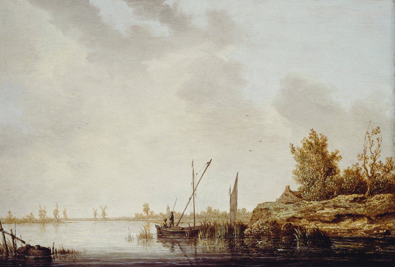 En elvescene med fjerne vindmøller, ca. 1640-42 av Aelbert Cuyp