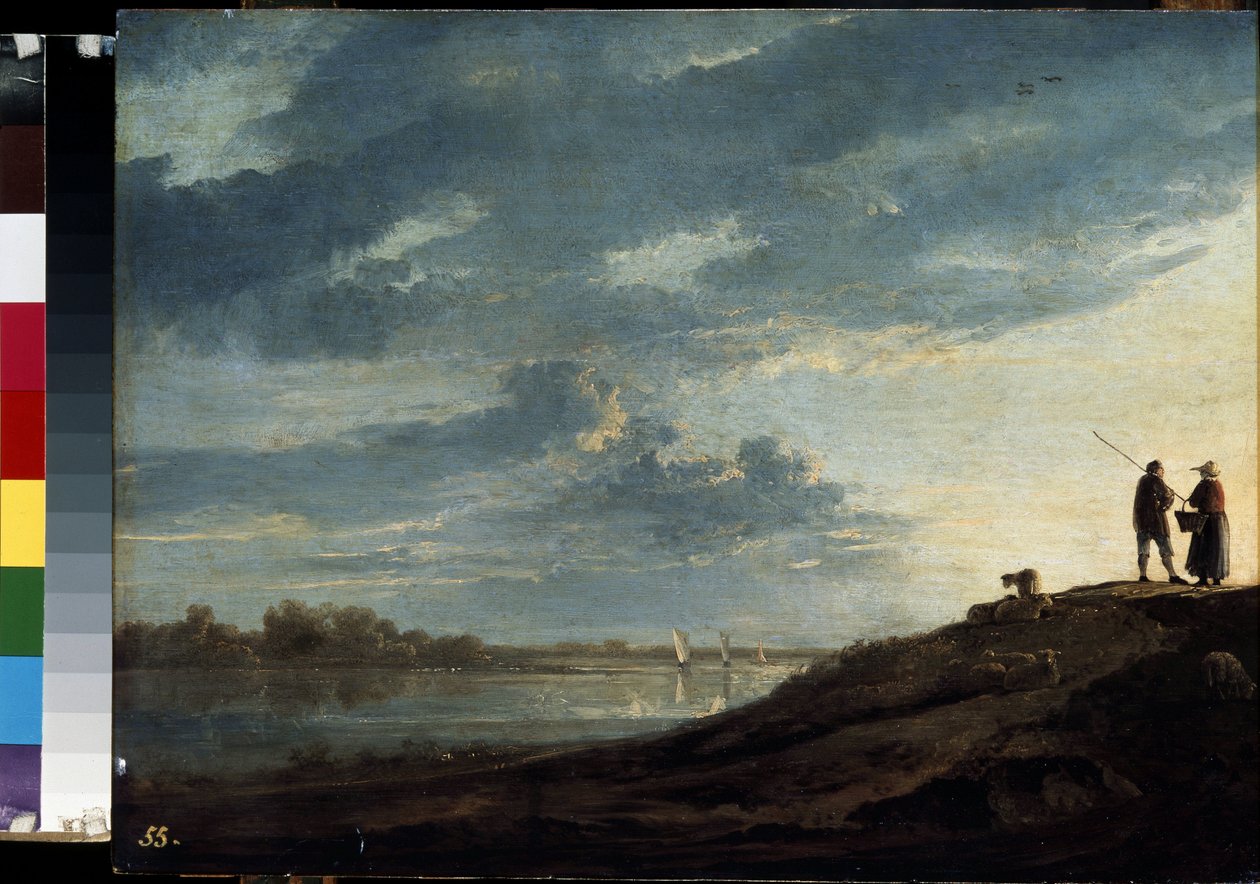 Solnedgang over en elv Maleri av Albert (Aelbert eller Aelbrecht) Cuyp (1620-1691) ca. 1650 Mål 38,5x53 cm Eremitagemuseet, St. Petersburg av Aelbert Cuyp