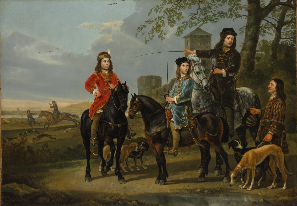 Rytterportrett av Cornelis (1639-1680) og Michiel Pompe van Meerdervoort (1638-1653) med deres lærer og kusk av Aelbert Cuyp