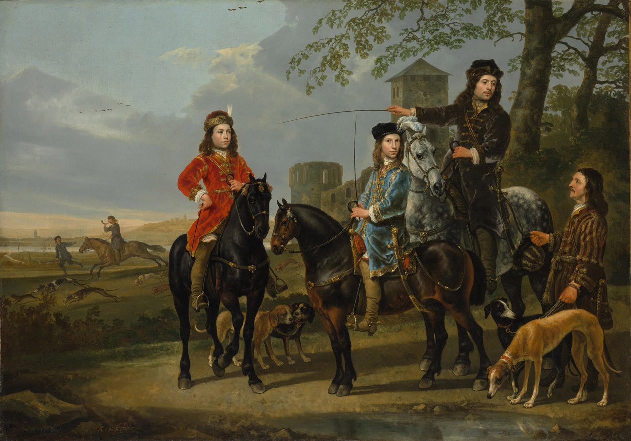 Ridesportrett av Cornelis og Michiel Pompe van Meerdervoort med deres veileder og kusk, Starting for the Hunt, ca. 1652-53 av Aelbert Cuyp