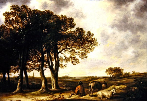 Geitegjeter i landskap, en fjern utsikt over Amsterdam (olje på panel) av Aelbert Cuyp
